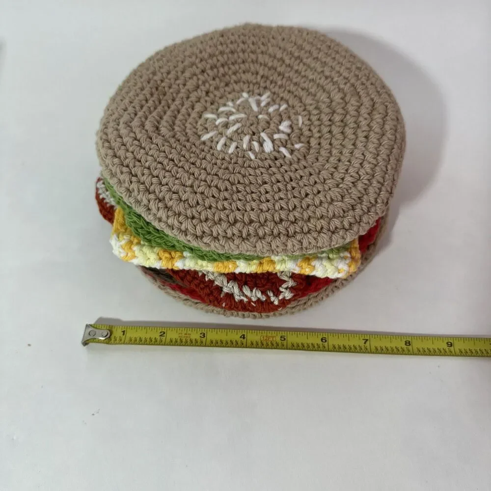 Lot of 7 Crochet Trivets that form a bacon cheeseburger, lettuce, tomato, bun